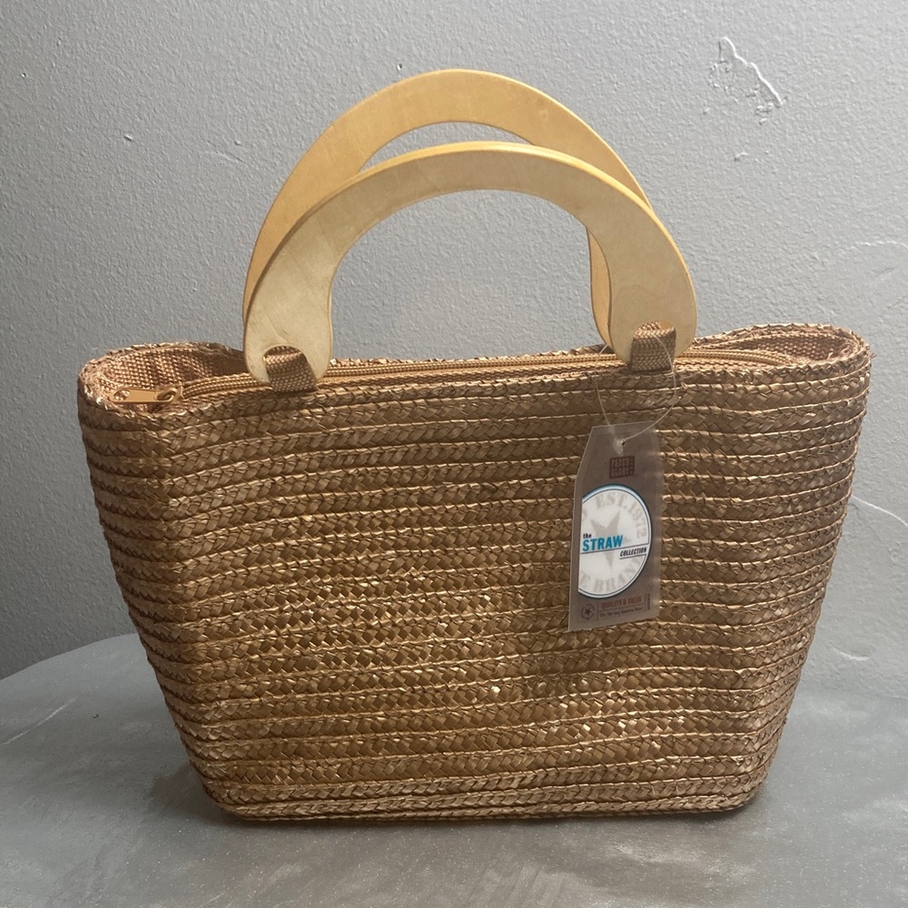 Faded Glory Brown Straw Collection Tote with Wooden Handles (NWT)